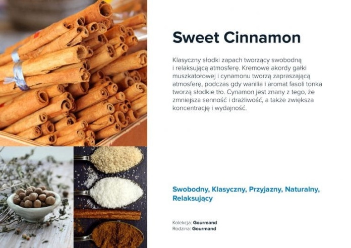Nuty zapachowe Sweet Cinnamon: cynamon, goździki, nuty cukrowe. Idealny do kawiarni i sklepów spożywczych.